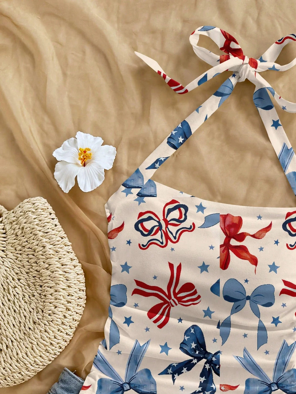 Floral Print Halter Crop Top with Bow Detail Summer Vacation Style