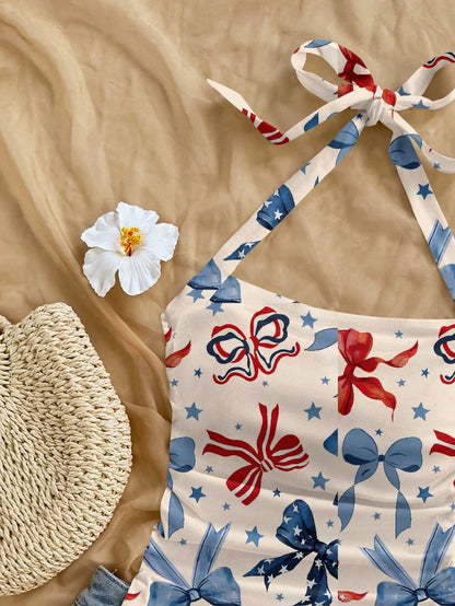 Floral Print Halter Crop Top with Bow Detail Summer Vacation Style
