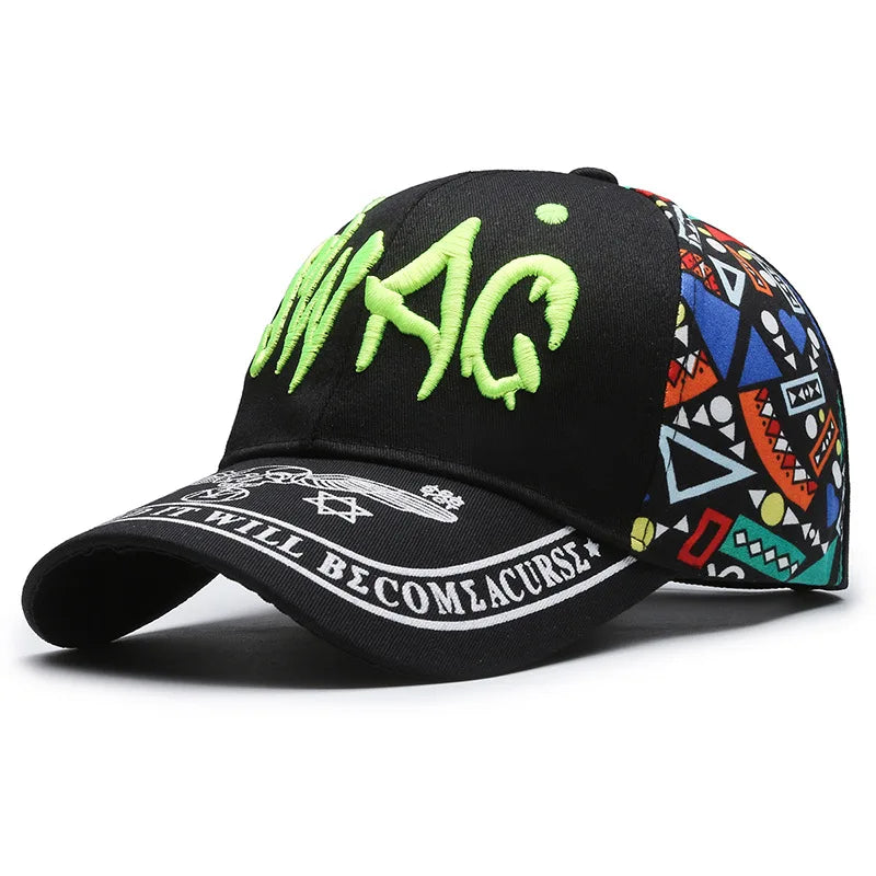 Graffiti Print Embroidered Baseball Cap Adjustable Curved Brim Urban Streetwear Fashion Hat