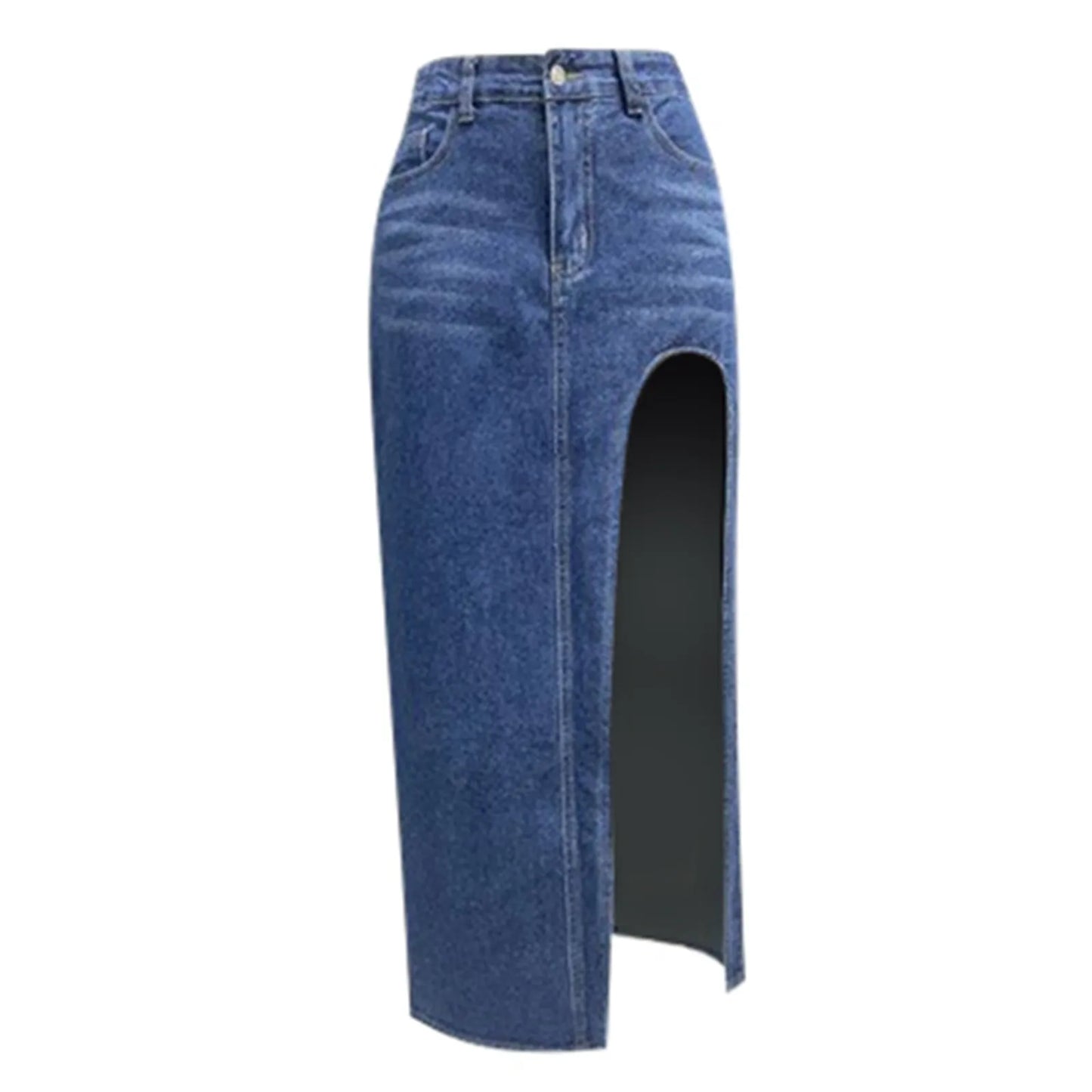 High Waist Denim Maxi Skirt with Front High Slit Contemporary Casual Everyday Style
