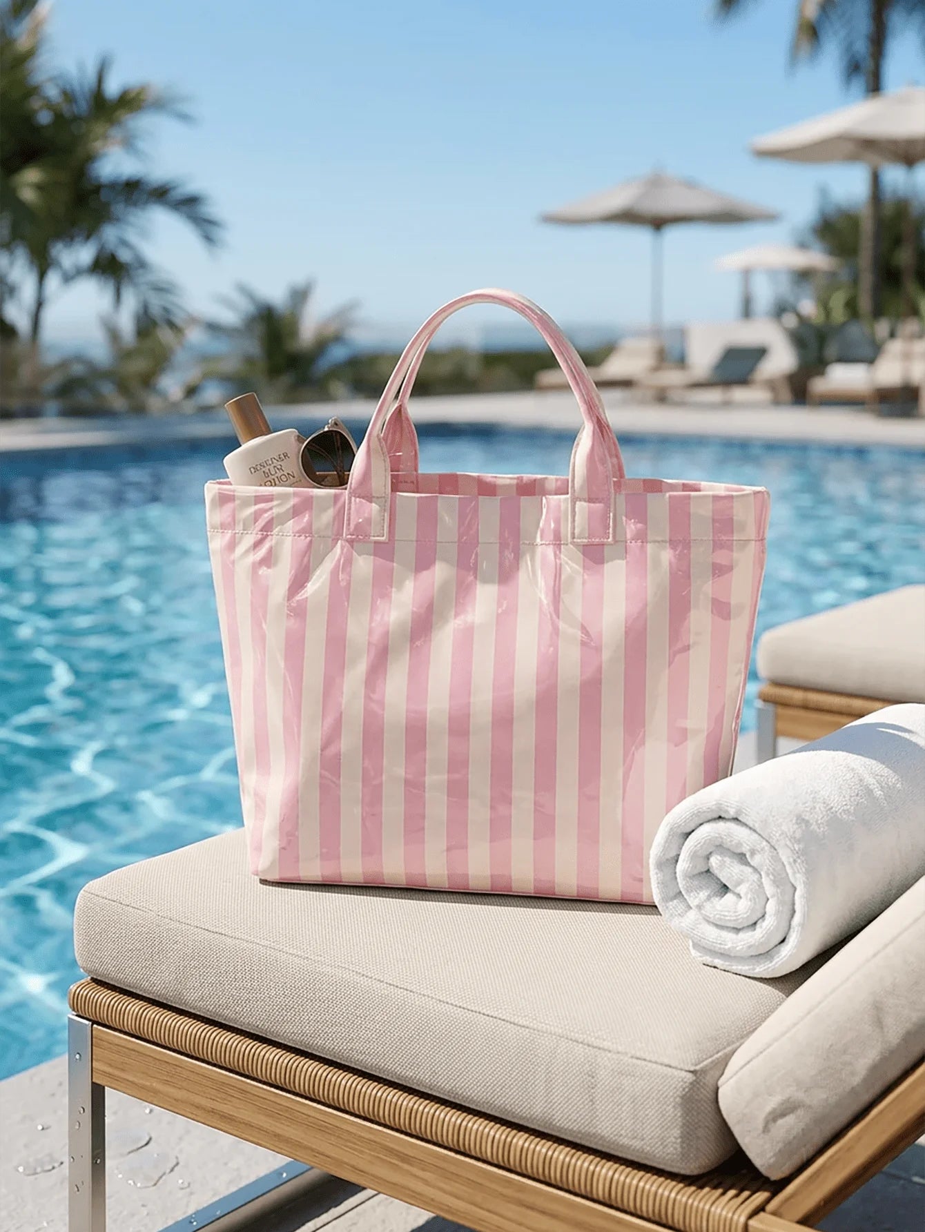 Striped Waterproof Tote Bag with Large Capacity Beach and Travel Design