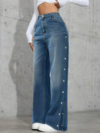 Women's Mid Rise Straight Leg Stretch Denim Jeans with Side Button Detail and Relaxed Fit