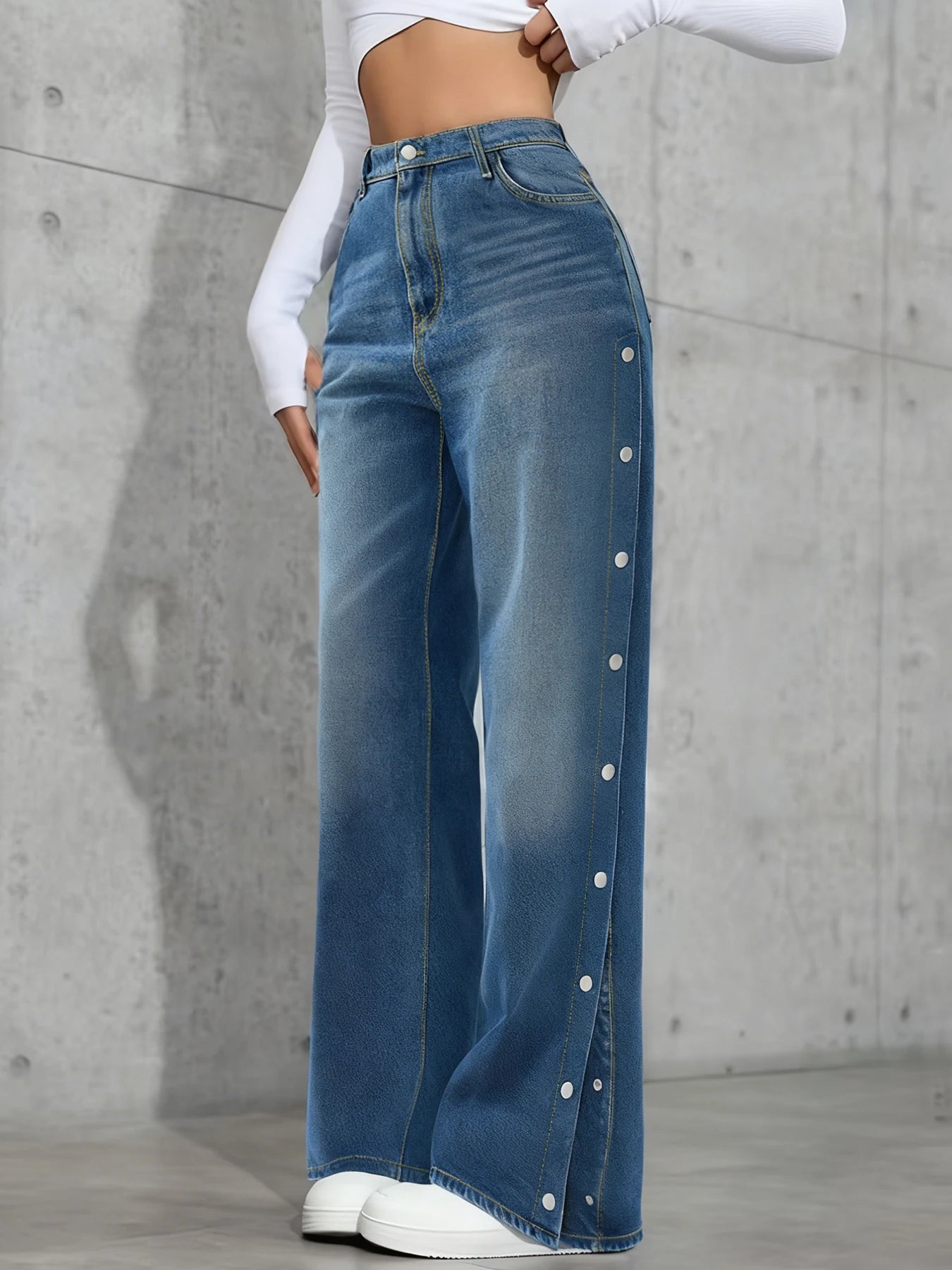 Women's Mid Rise Straight Leg Stretch Denim Jeans with Side Button Detail and Relaxed Fit