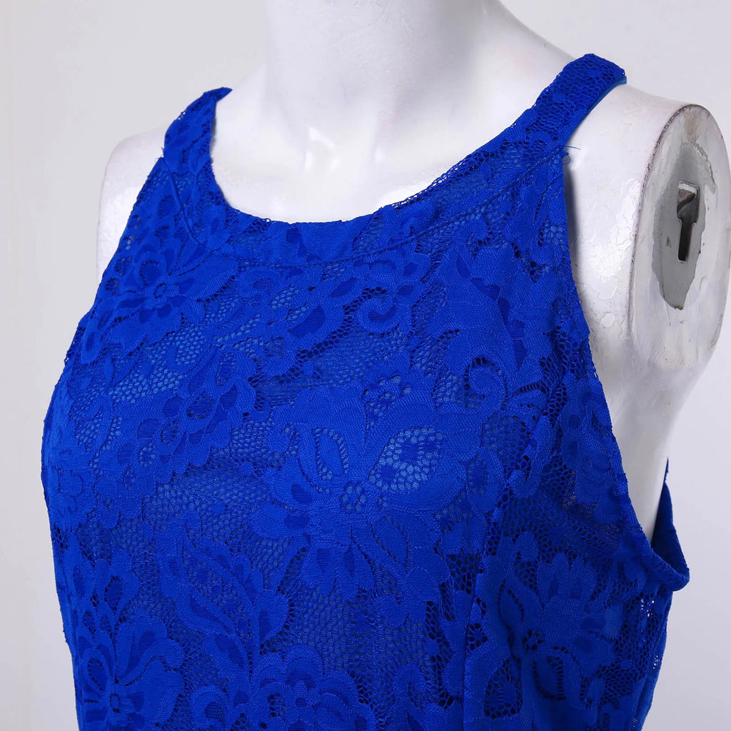 Royal Blue Floral Lace Overlay Dress with Sleeveless Cut and Asymmetrical High-Low Hem