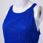 Royal Blue Floral Lace Overlay Dress with Sleeveless Cut and Asymmetrical High-Low Hem