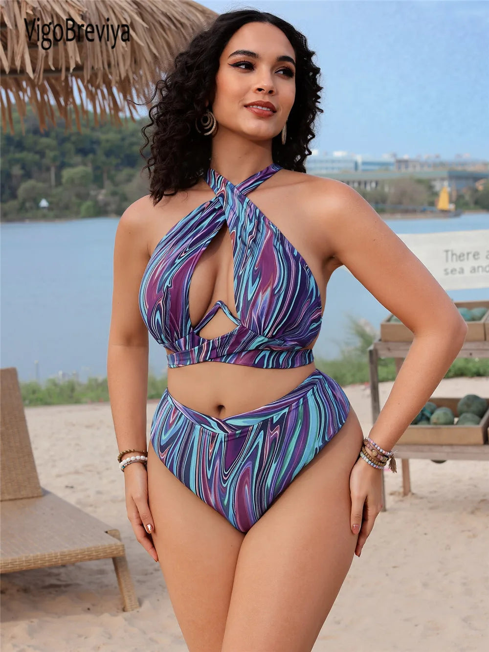 Abstract Swirl Print Halter Swimsuit with Keyhole Cutout and High-Waisted Silhouette