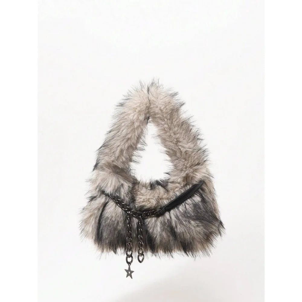 Faux Fur Hobo Shoulder Bag with Chain Detail Y2K Inspired Styling