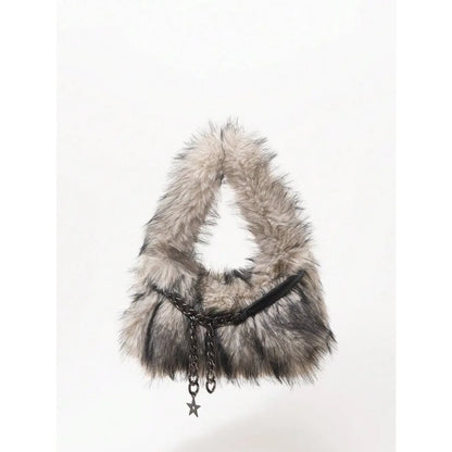Faux Fur Hobo Shoulder Bag with Chain Detail Y2K Inspired Styling