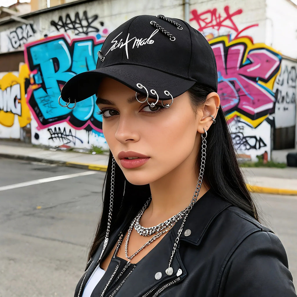 Embroidered Adjustable Baseball Cap with Decorative Metal Accents for Contemporary Streetwear Fashion
