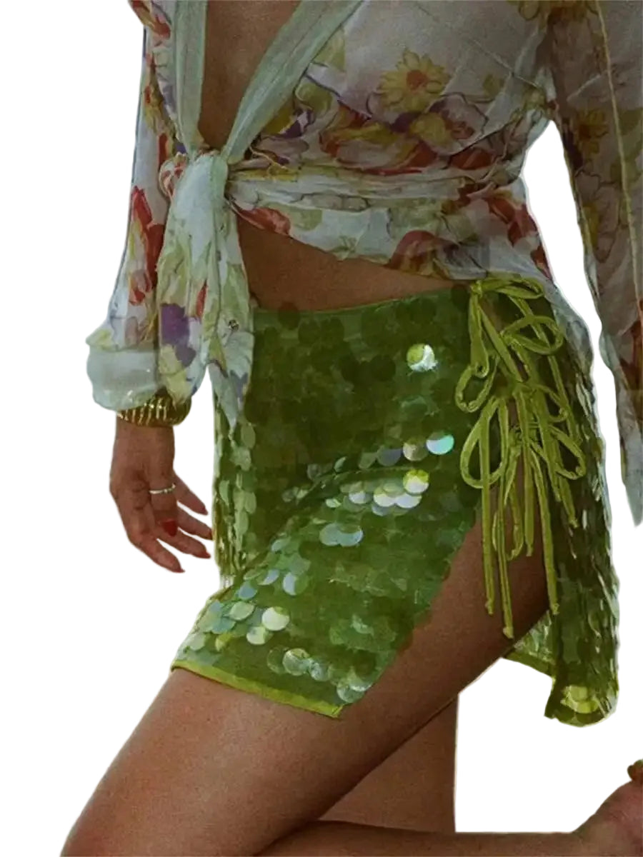 Sequin Mini Skirt with Side Slit and Adjustable Tie Detail