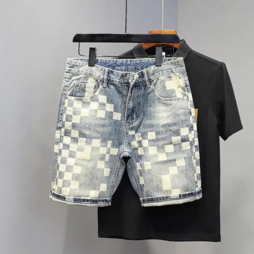 Men's Checkered Pattern Denim Shorts with Slim Fit and Casual Streetwear Style