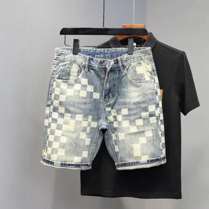 Men's Checkered Pattern Denim Shorts with Slim Fit and Casual Streetwear Style
