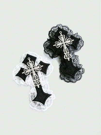Gothic Lace Cross Hair Clip Set Dark Romantic Statement Accessories