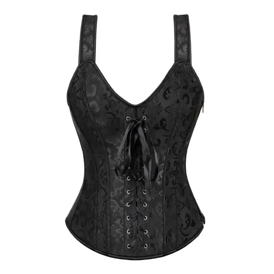 Vintage Floral Tapestry Overbust Corset with Wide Straps and Structured Seaming