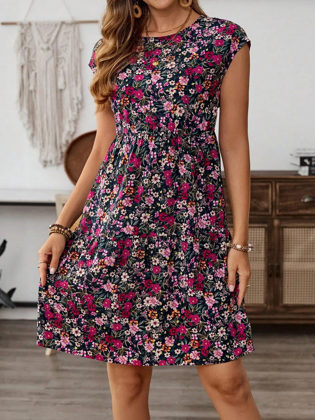 Floral Print Sleeveless A-Line Mini Dress with Relaxed Tiered Design