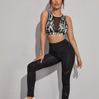 Abstract Print V-Neck Sports Bra with Center Mesh Paneling