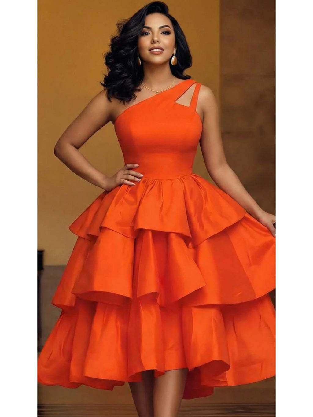Vibrant Orange One-Shoulder Tiered Ruffle Midi Dress with Cutout Detailing