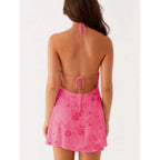 Embellished Halter Mini Dress with Backless Silhouette and Y2K Party Styling