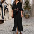 Relaxed Linen Blend Shirt Maxi Dress with Belt and Long Sleeves