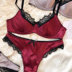 Vibrant Magenta Satin-Finish Wire-Free Bra and Panty Set with Black Lace Trim