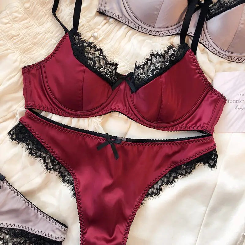 Vibrant Magenta Satin-Finish Wire-Free Bra and Panty Set with Black Lace Trim