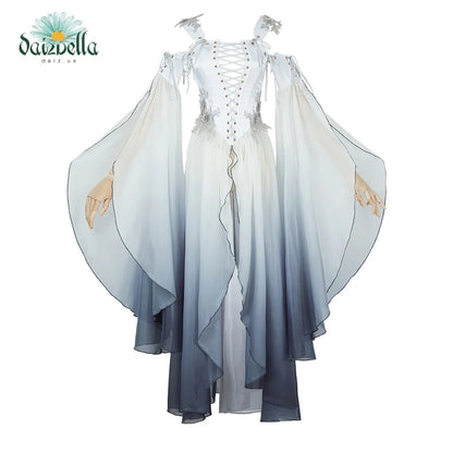 Women's Medieval-Inspired Chiffon Maxi Dress with Flowing Sleeves and Layered Skirt Design