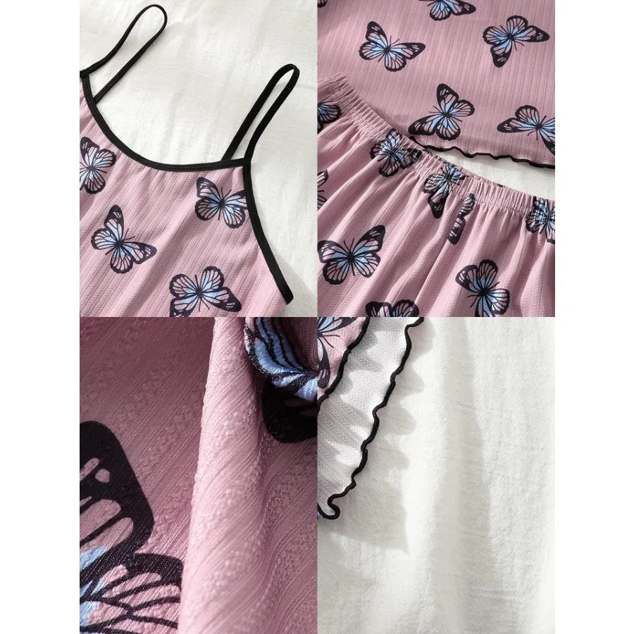 Playful Butterfly Print Two-Piece Camisole and Shorts Sleepwear Set with Contrast Trim