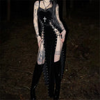 Dark Gothic Split-Leg Maxi Dress with Alternative Streetwear Aesthetic