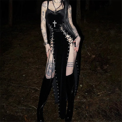 Dark Gothic Split-Leg Maxi Dress with Alternative Streetwear Aesthetic