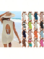 Black Crochet Backless Beach Cover-Up Dress with Hollow-Out Knit Design, Sleeveless Silhouette and Mini Length