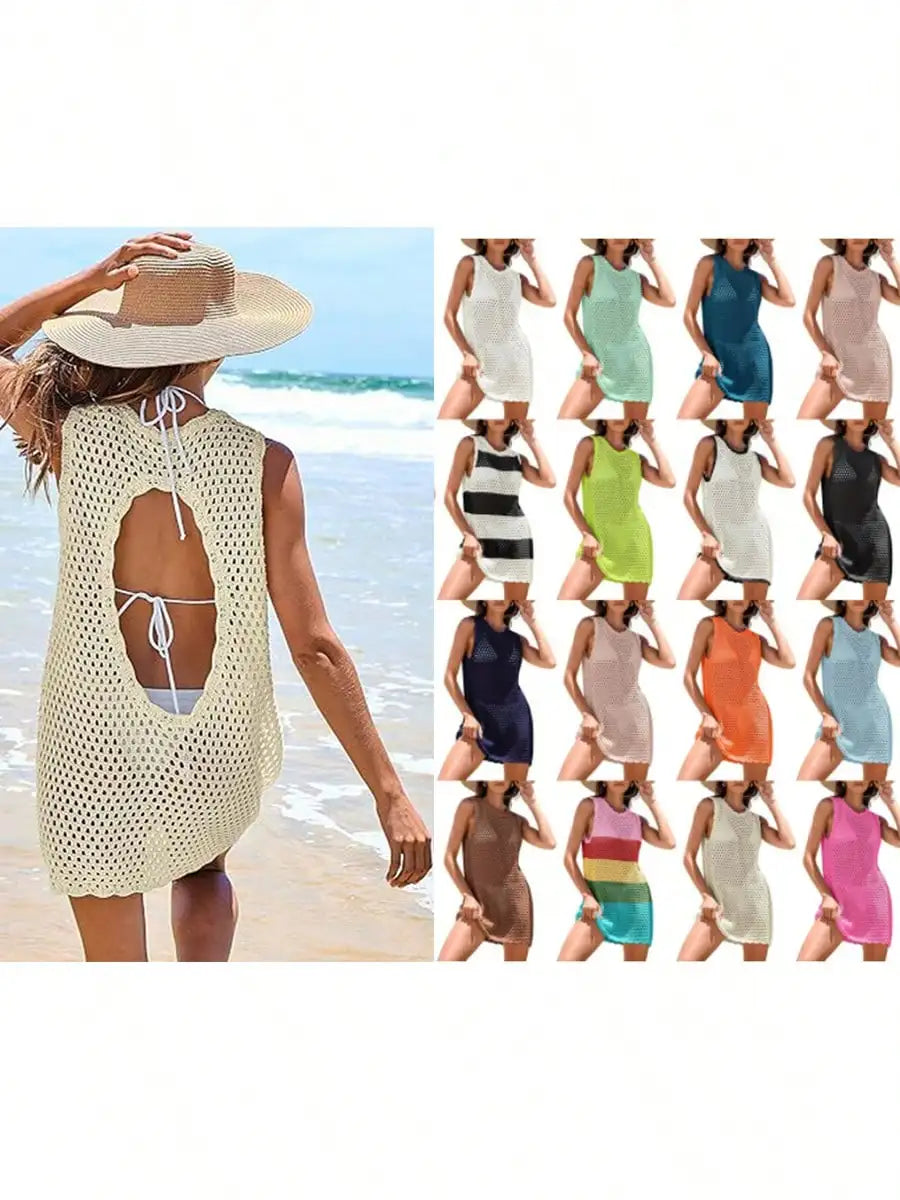 Black Crochet Backless Beach Cover-Up Dress with Hollow-Out Knit Design, Sleeveless Silhouette and Mini Length