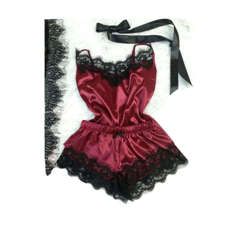 Contrasting Black Lace and Peach Satin-Finish Two-Piece Cami and Shorts Sleep Set
