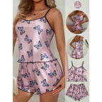 Playful Butterfly Print Two-Piece Camisole and Shorts Sleepwear Set with Contrast Trim