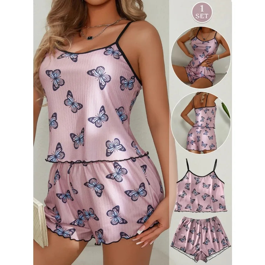 Playful Butterfly Print Two-Piece Camisole and Shorts Sleepwear Set with Contrast Trim