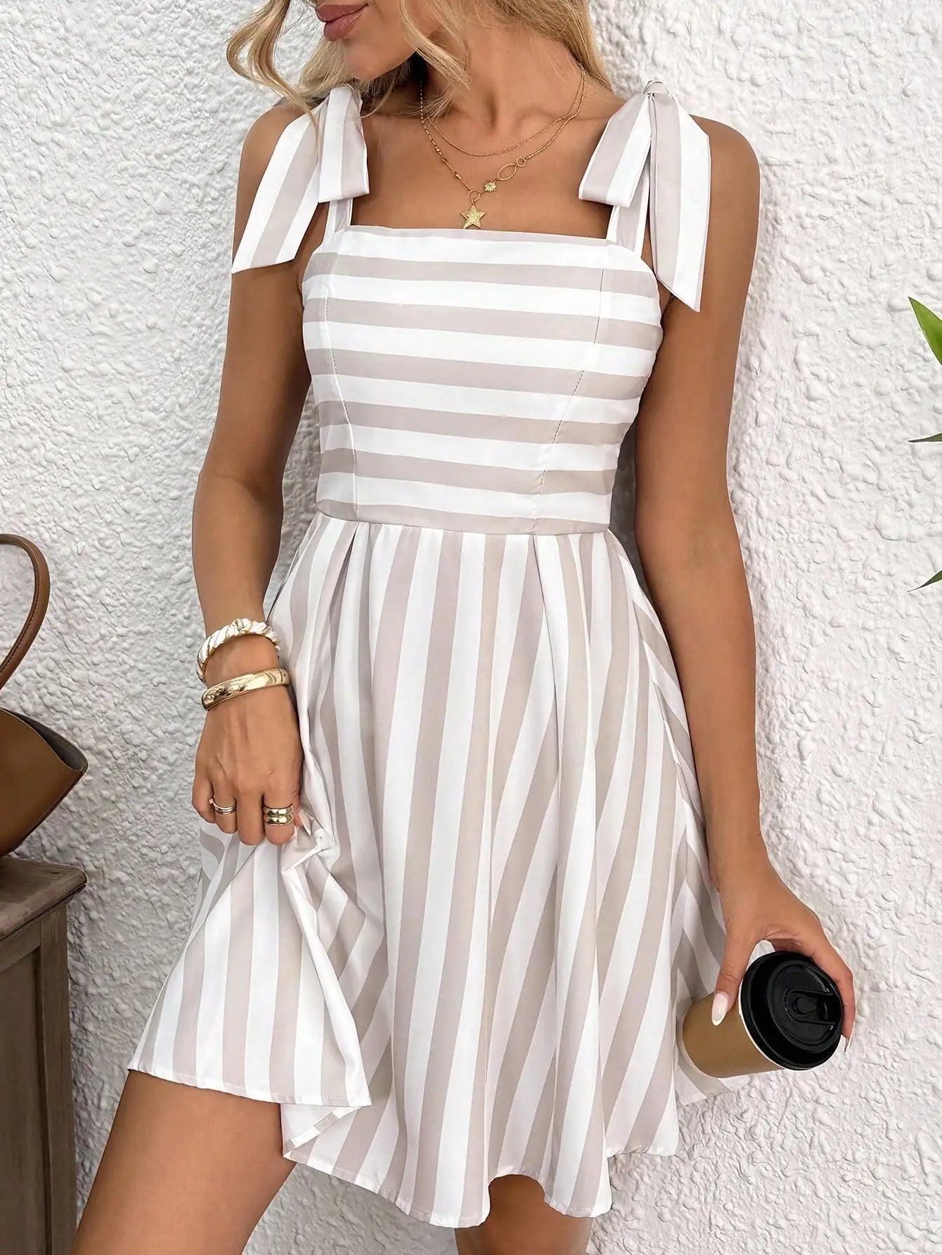 Tie Shoulder Striped A-Line Mini Dress with Square Neck Design