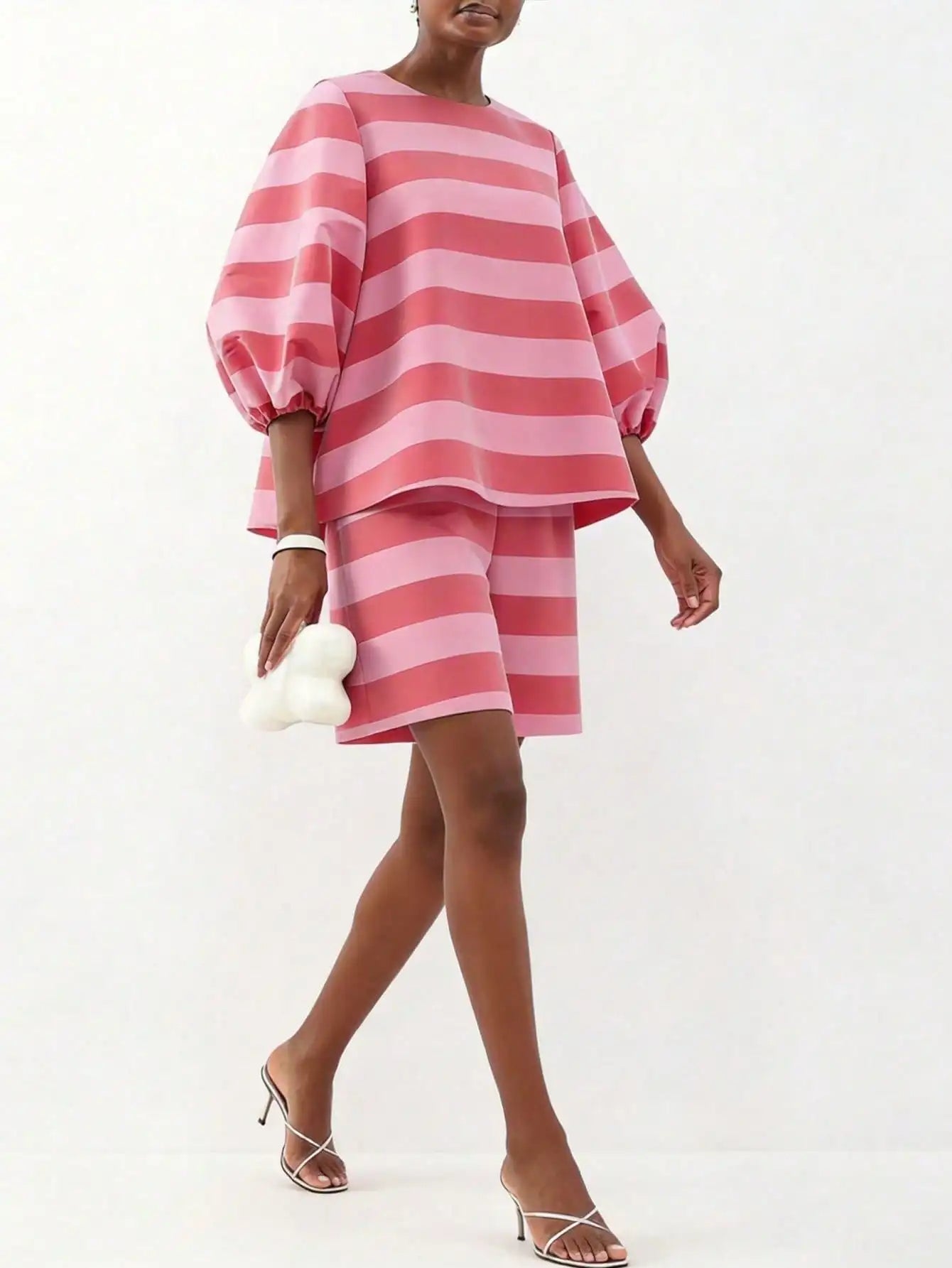 Women's Striped Puff Sleeve Co-Ord Set with Relaxed Top and Shorts