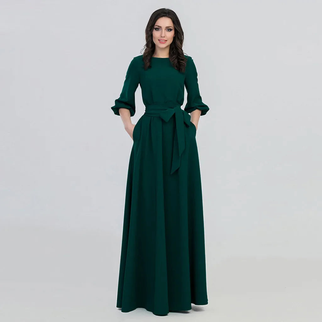 Long Sleeve A-Line Maxi Dress with Defined Waist and Flowing Silhouette