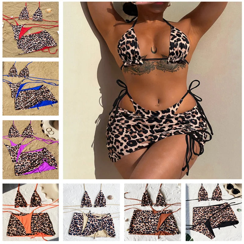 Reversible Leopard Print Three-Piece String Bikini Set with Ruched Skirt