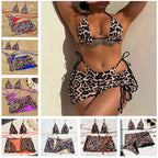 Reversible Leopard Print Three-Piece String Bikini Set with Ruched Skirt
