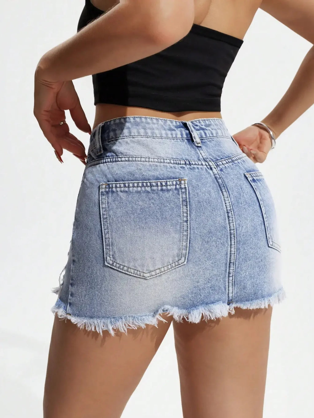 Frayed Hem Distressed Denim Mini Skirt with Pocket Detail Design