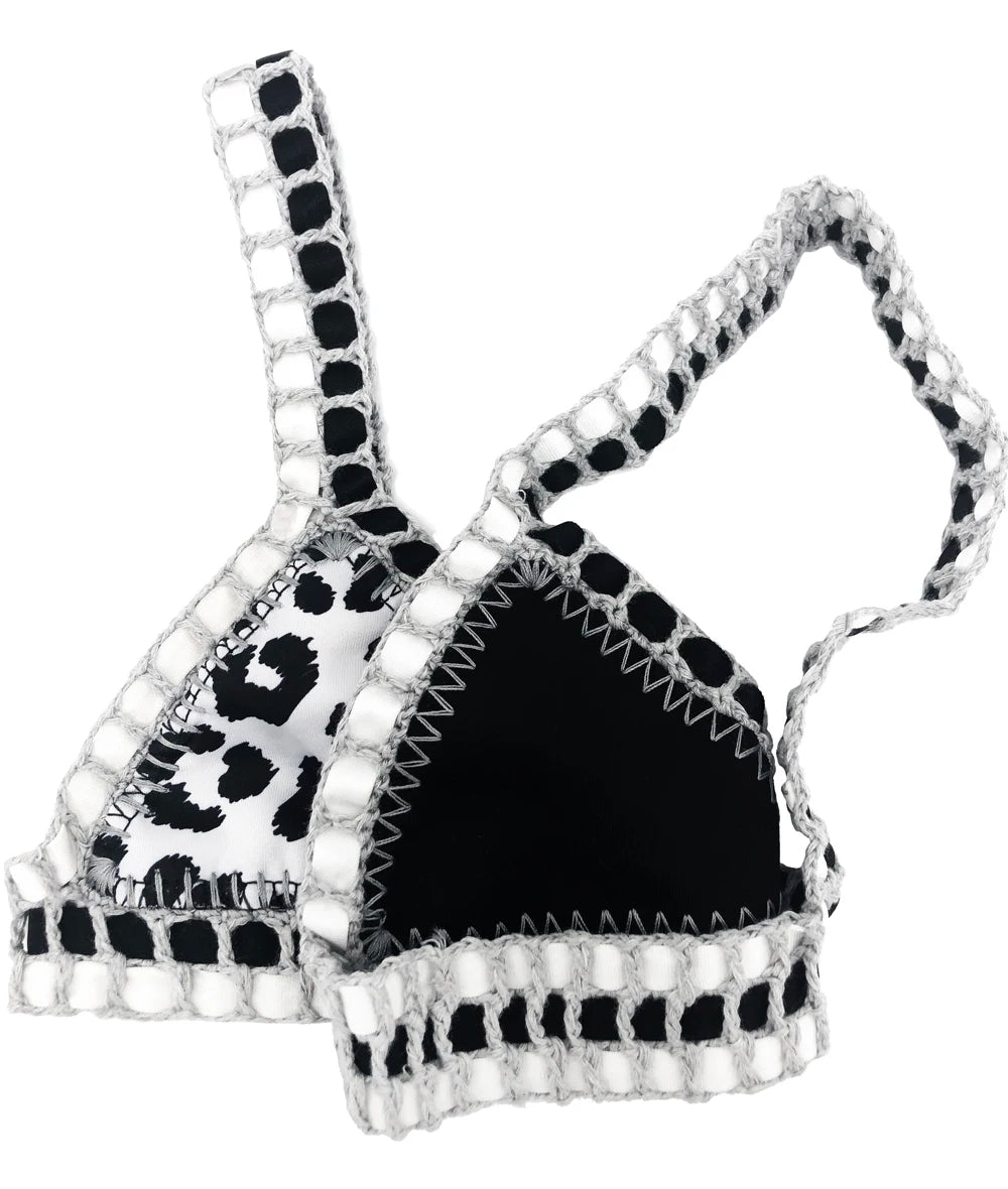 Reversible Crochet-Trimmed Triangle Bikini Set in Leopard Print and Solid Black