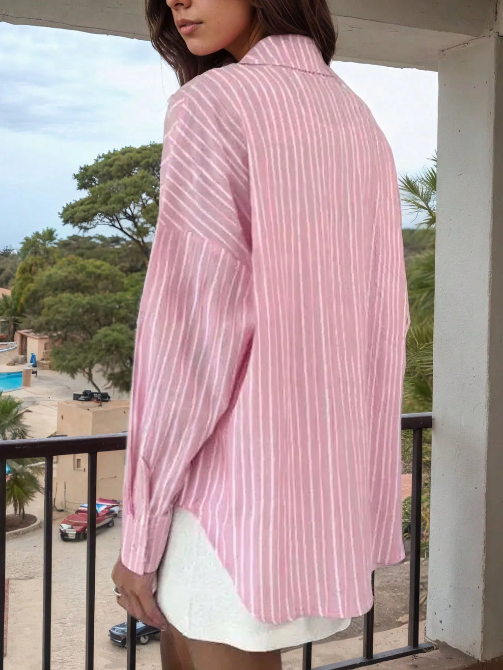 Oversized Pink and White Striped Long-Sleeve Button-Down Shirt