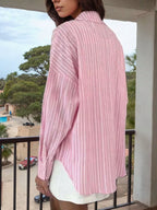 Oversized Pink and White Striped Long-Sleeve Button-Down Shirt