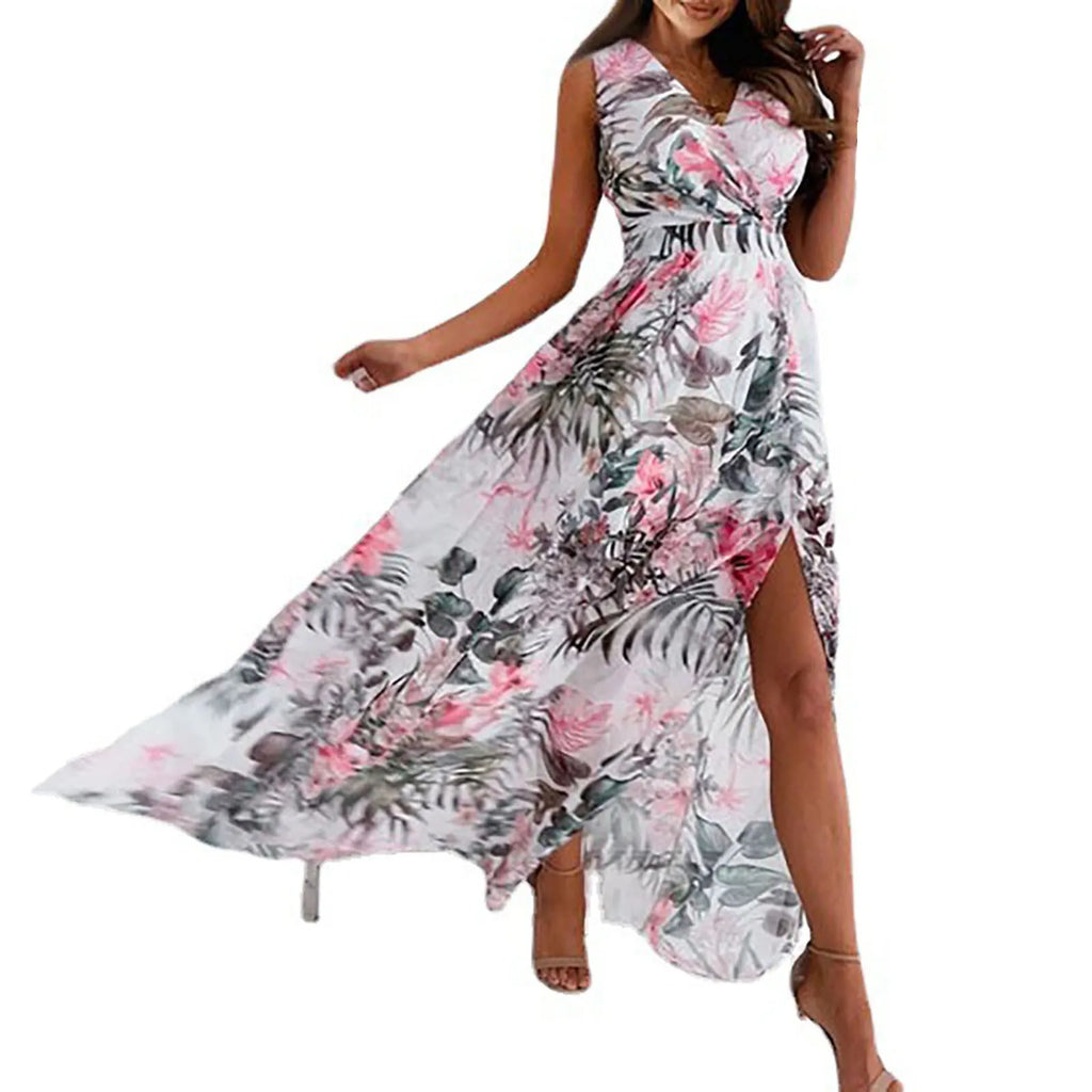Floral Print Maxi Dress with Sleeveless Design and High Slit Hem