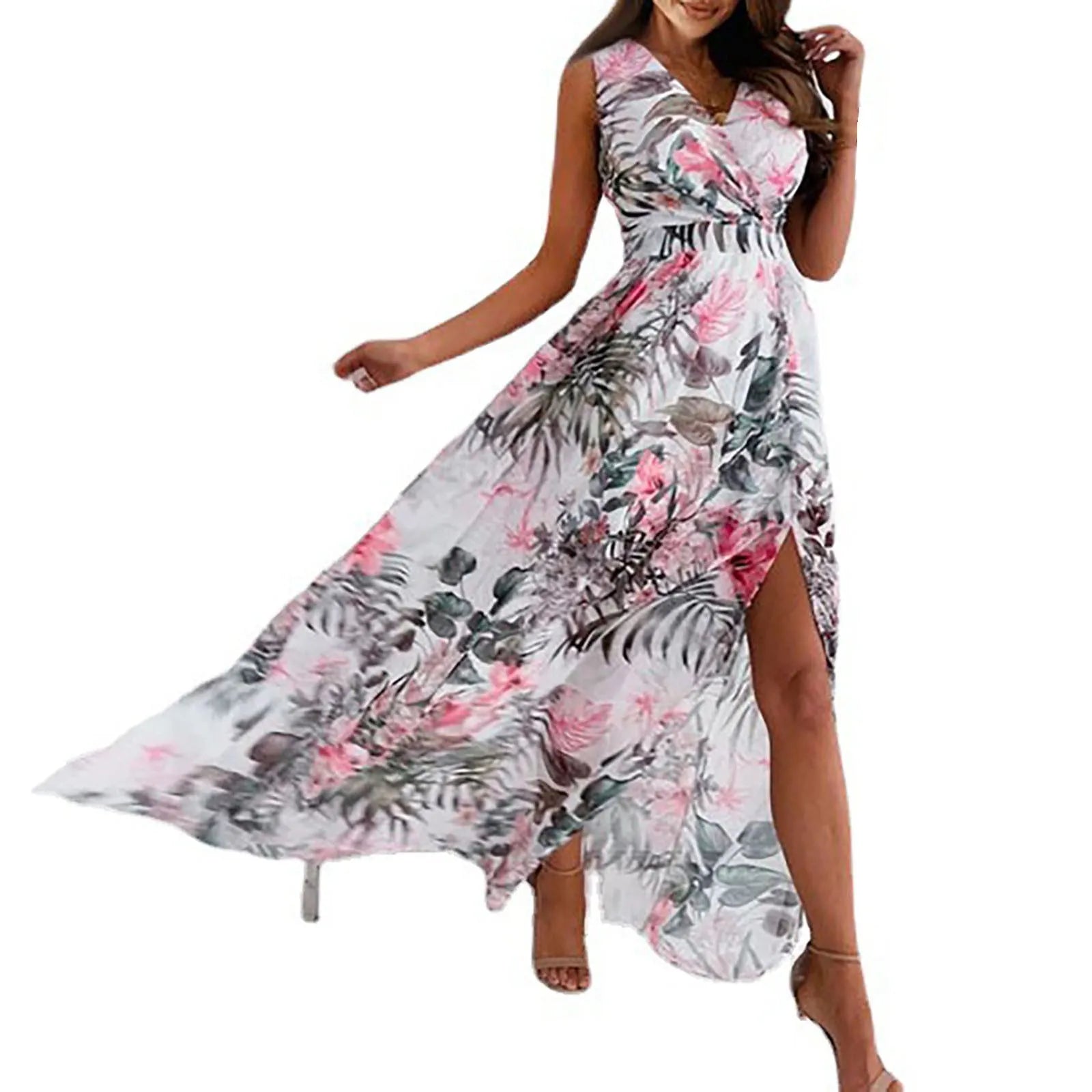Floral Print Maxi Dress with Sleeveless Design and High Slit Hem