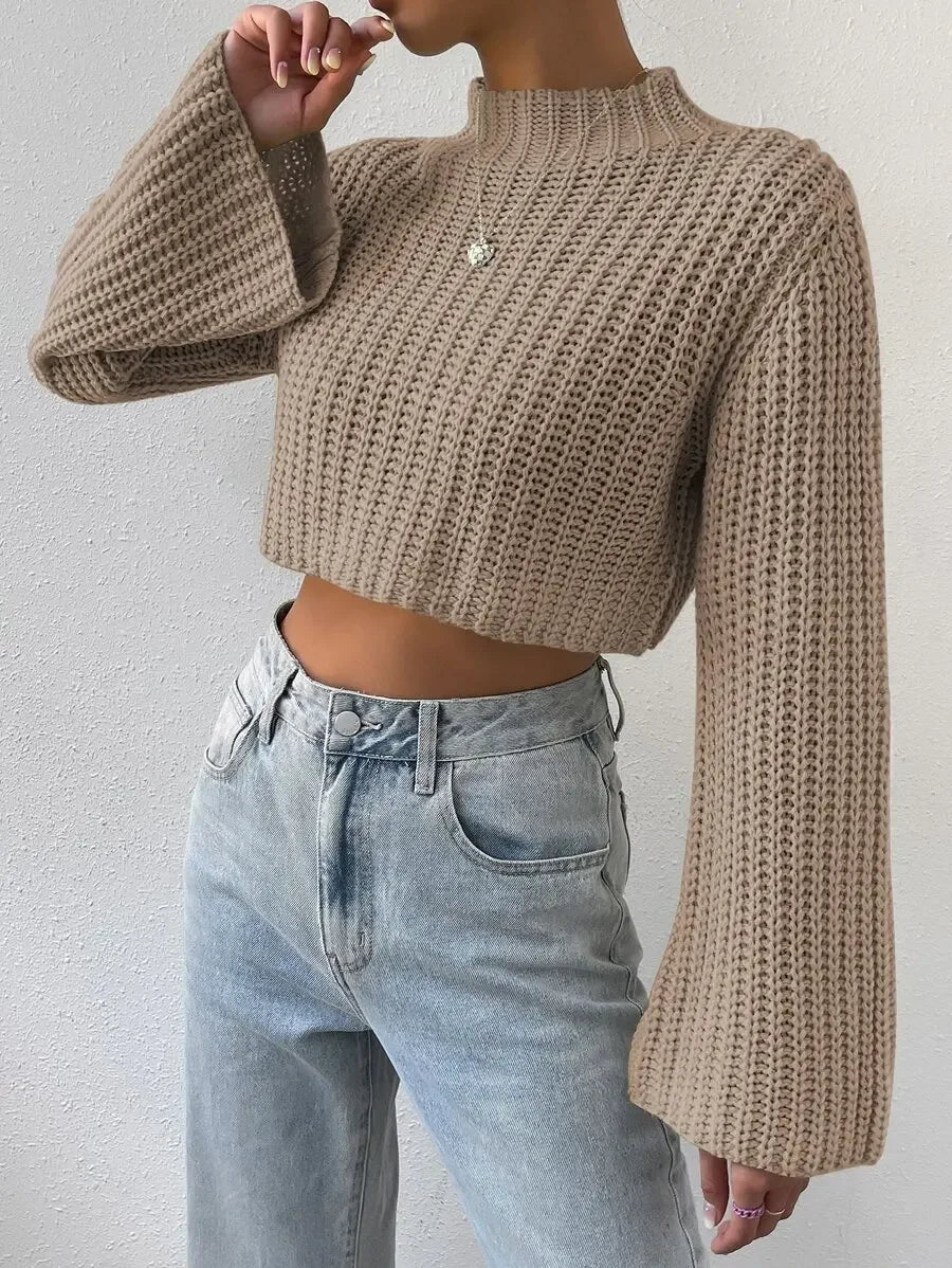 Women's Mock Neck Cropped Knit Sweater With Flared Sleeves