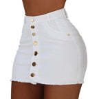 High Rise Button Front Stretch Denim Mini Skirt with Contoured Slim Fit