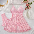 Sheer Black Mesh Split-Front Babydoll Set with Floral Lace Bodice