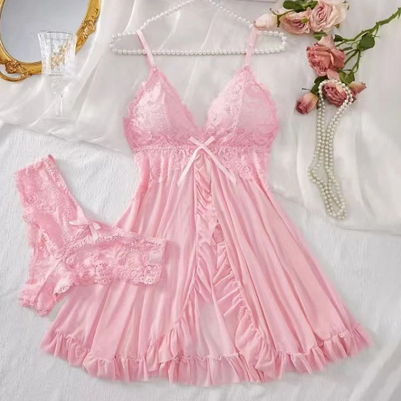 Sheer Black Mesh Split-Front Babydoll Set with Floral Lace Bodice