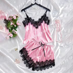 Pink Satin-Stripe Pajama Set with Lace-Trim Camisole Top, Matching Shorts and Delicate Spaghetti Straps